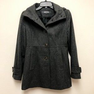 Kenneth Cole Reaction Grey Recycled Wool Blend Pea Coat 2 Removable Hood Button